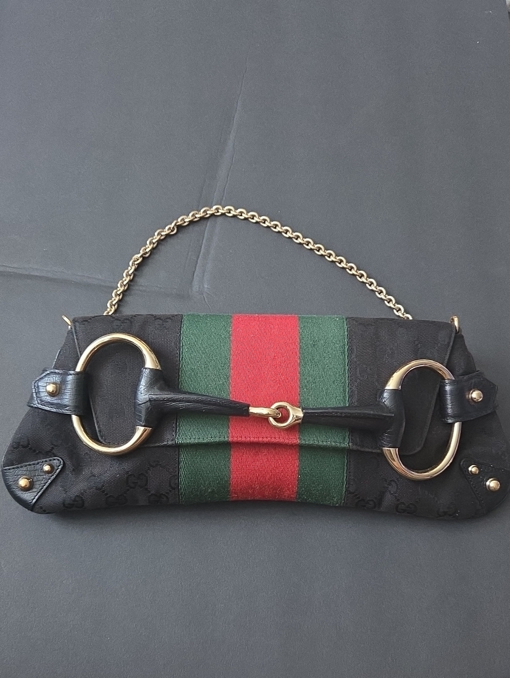 Gucci Black Clutch with Green and Red Web Stripe and Gold Hardware